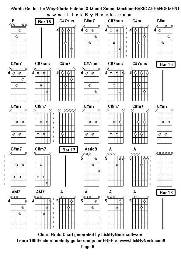 Chord Grids Chart of chord melody fingerstyle guitar song-Words Get In The Way-Gloria Estefan & Miami Sound Machine-BASIC ARRANGEMENT,generated by LickByNeck software.